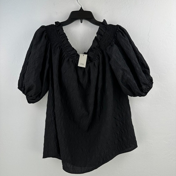 River Island Top Womens 12 Black Off Shoulder Ruffled Neck Short Sleeve NWT - Picture 2 of 10